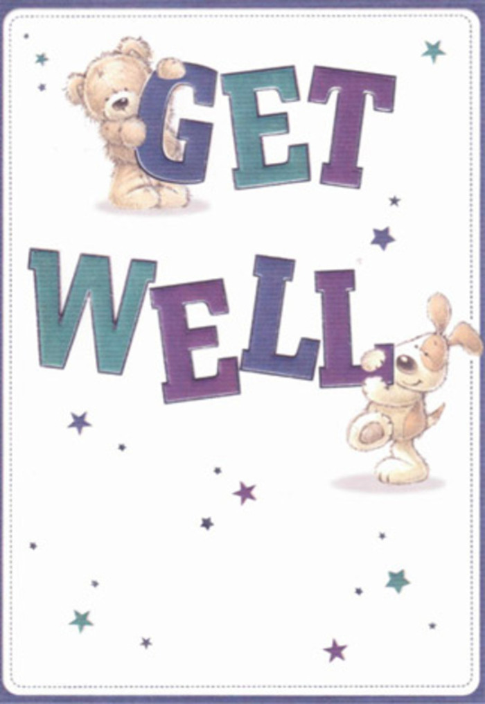 This get well card is a tribute to gentle kindness and hope, much like a bouquet freshly composed by your neighbourhood florist in East Ham. In the centre, a lovable teddy bear and an eager puppy are united in their mission to bring cheer, both supporting the large, colourful 'Get Well' letters adorned in purples and teals. Scattered about the card, whimsical stars twinkle in tones of blue and violet-a visual whisper of wishes sent across bustling streets from Plashet Grove to High Street North. The background is a pristine canvas that allows these vibrant elements to shine, echoing the clarity and freshness of a new start. The bear's plush fur and the dog's velvet ears offer a tactile softness, conjuring the sensation of brushing against soft petals or new buds. Every nuance in the illustration is imbued with the same thoughtfulness as arranging a bouquet for delivery across East Ham-each detail, from the confident typography to the hopeful sparkles, collectively radiates support and warmth for anyone on the mend.